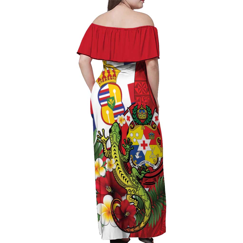 Hawaii And Tonga Family Matching Off Shoulder Maxi Dress and Hawaiian Shirt King Kalakaua Tribal Gecko Tongan Ngatu