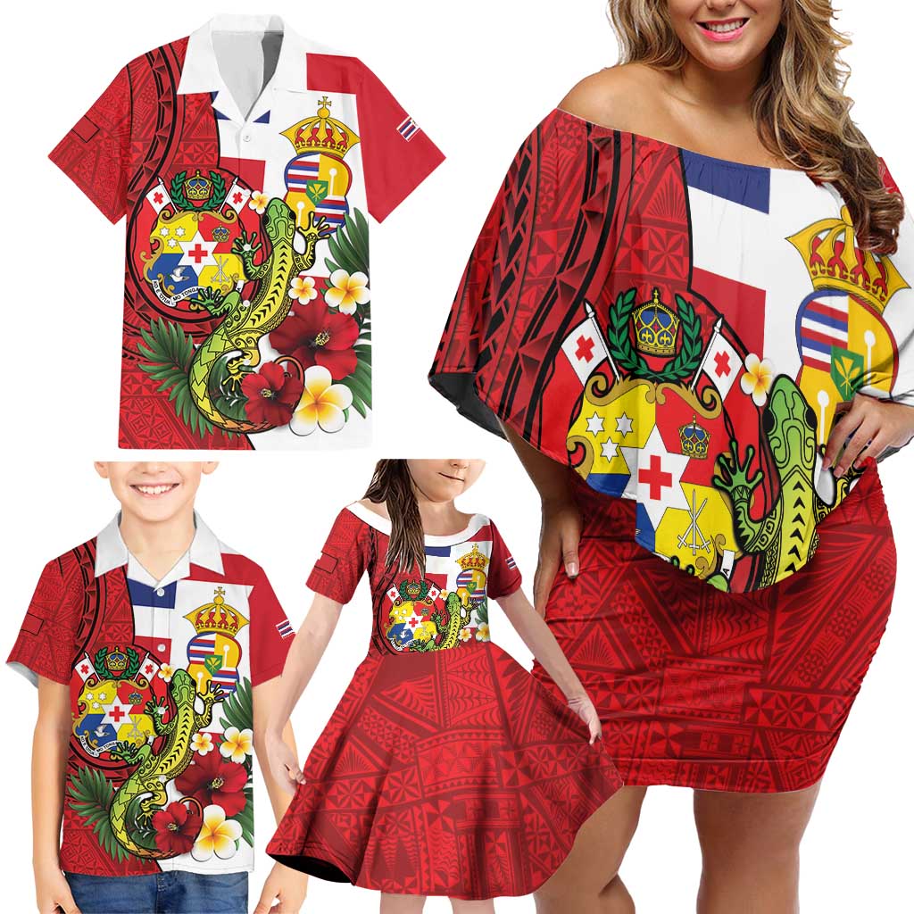Hawaii And Tonga Family Matching Off Shoulder Short Dress and Hawaiian Shirt King Kalakaua Tribal Gecko Tongan Ngatu