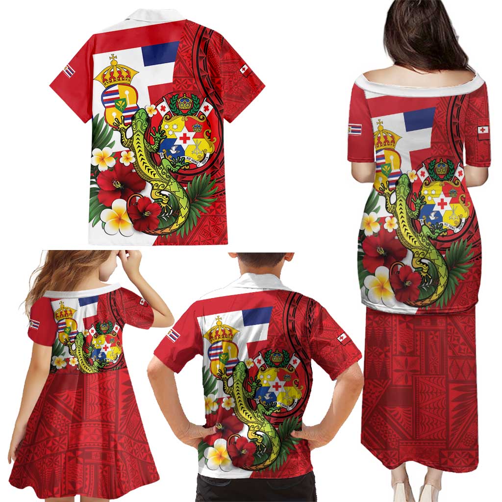 Hawaii And Tonga Family Matching Puletasi and Hawaiian Shirt King Kalakaua Tribal Gecko Tongan Ngatu