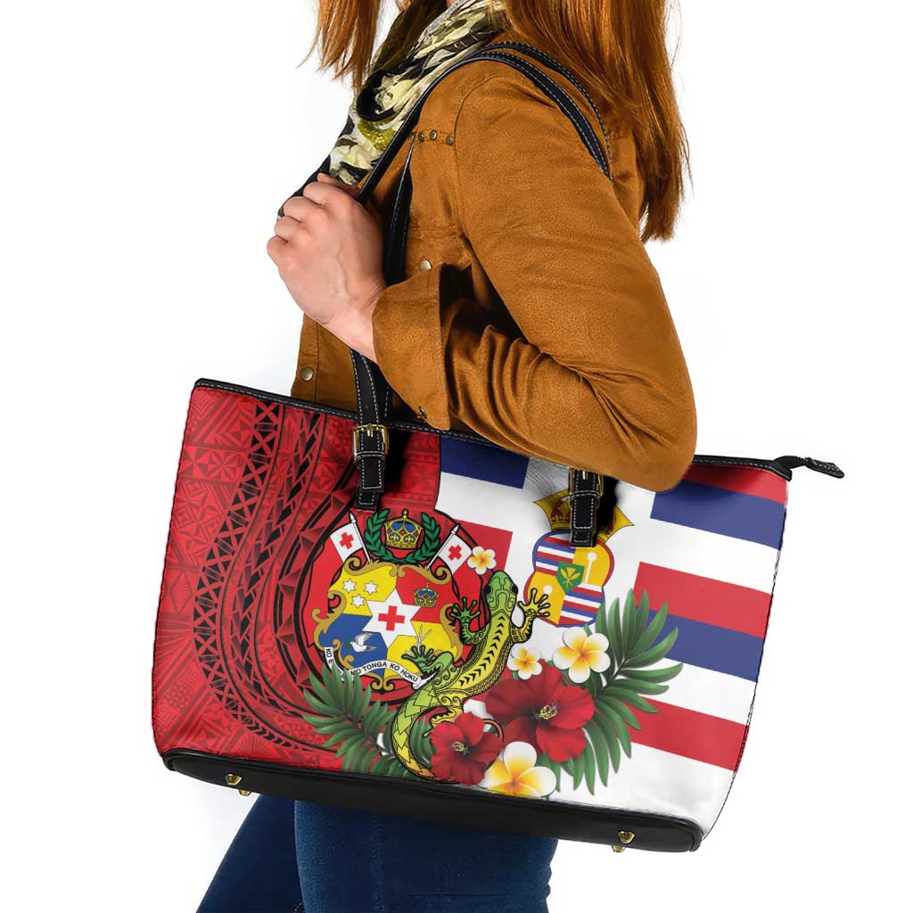 Hawaii And Tonga Leather Tote Bag King Kalakaua Tribal Gecko Tongan Ngatu