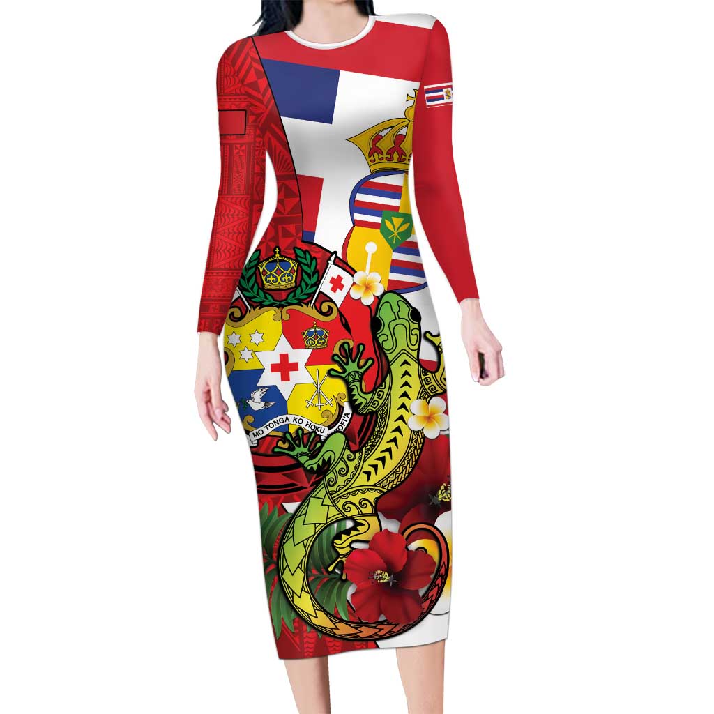Hawaii And Tonga Long Sleeve Bodycon Dress King Kalakaua Tribal Gecko Tongan Ngatu