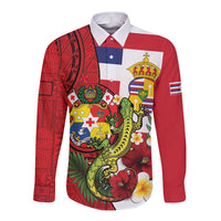 Hawaii And Tonga Long Sleeve Button Shirt King Kalakaua Tribal Gecko Tongan Ngatu LT14 Unisex Red - Polynesian Pride