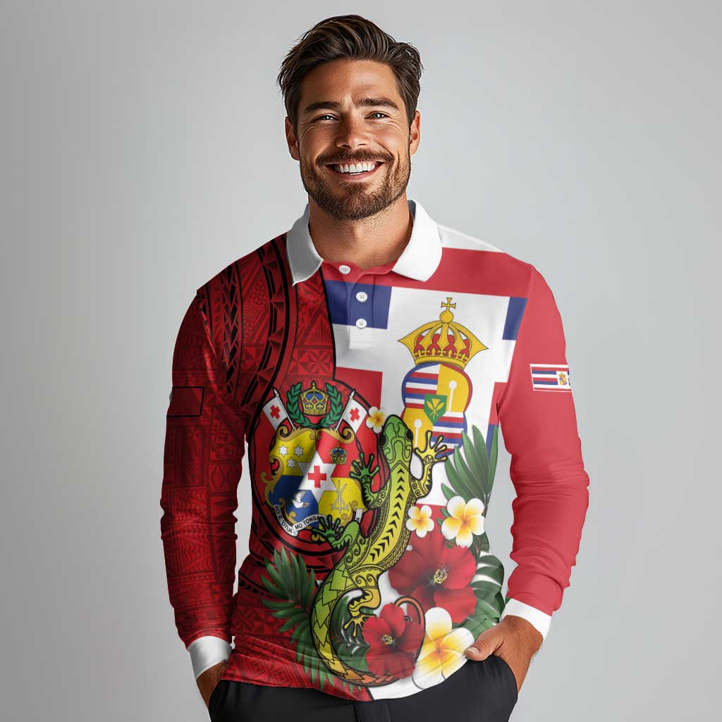 Hawaii And Tonga Long Sleeve Polo Shirt King Kalakaua Tribal Gecko Tongan Ngatu