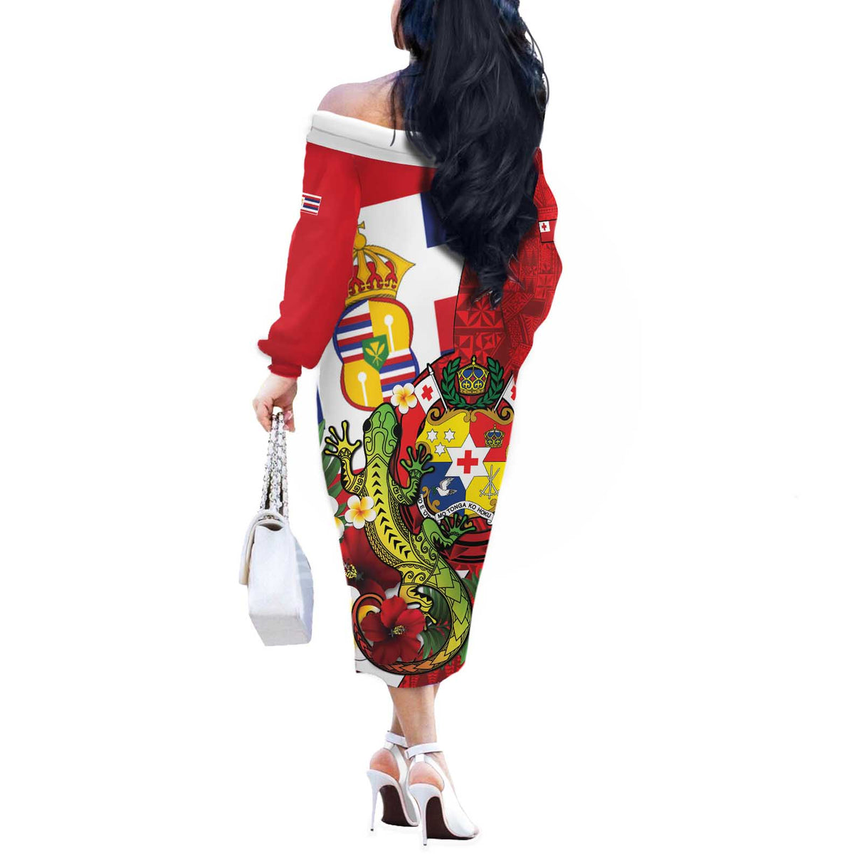 Hawaii And Tonga Off The Shoulder Long Sleeve Dress King Kalakaua Tribal Gecko Tongan Ngatu