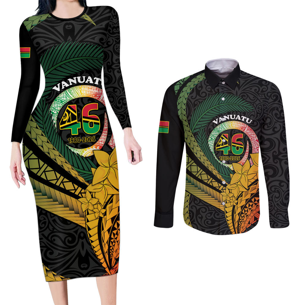 Personalised Vanuatu Independence Day Couples Matching Long Sleeve Bodycon Dress and Long Sleeve Button Shirt July 30 Pig Tusk Long God Yumi Stanap LT14 Black - Polynesian Pride