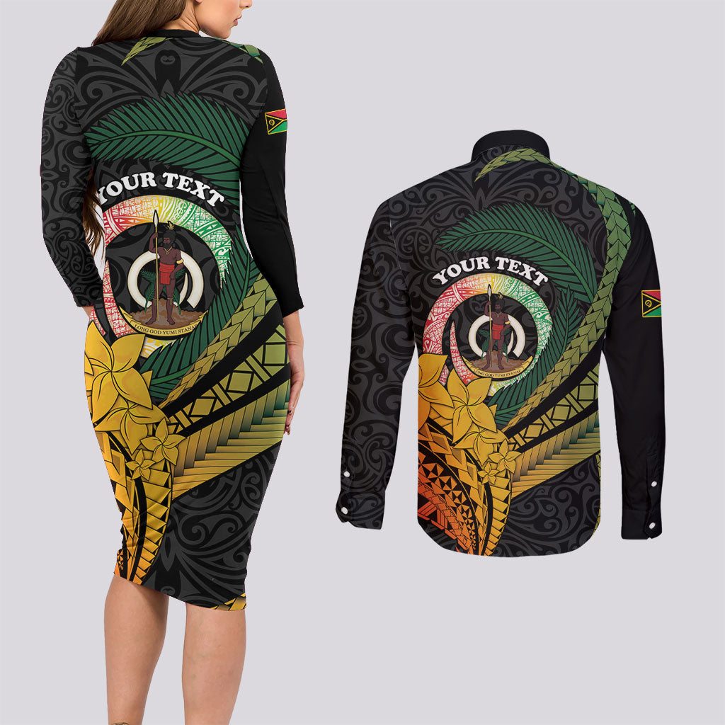 Personalised Vanuatu Independence Day Couples Matching Long Sleeve Bodycon Dress and Long Sleeve Button Shirt July 30 Pig Tusk Long God Yumi Stanap LT14 - Polynesian Pride