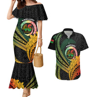 Personalised Vanuatu Independence Day Couples Matching Mermaid Dress and Hawaiian Shirt July 30 Pig Tusk Long God Yumi Stanap LT14 Black - Polynesian Pride