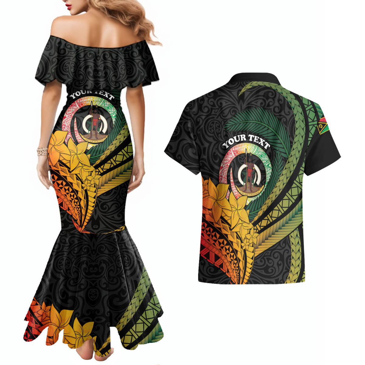 Personalised Vanuatu Independence Day Couples Matching Mermaid Dress and Hawaiian Shirt July 30 Pig Tusk Long God Yumi Stanap LT14 - Polynesian Pride