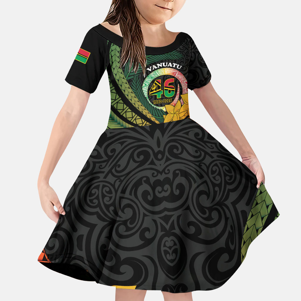 Personalised Vanuatu Independence Day Family Matching Off Shoulder Short Dress and Hawaiian Shirt July 30 Pig Tusk Long God Yumi Stanap LT14 Daughter's Dress Black - Polynesian Pride