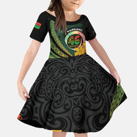 Personalised Vanuatu Independence Day Family Matching Off Shoulder Short Dress and Hawaiian Shirt July 30 Pig Tusk Long God Yumi Stanap LT14 Daughter's Dress Black - Polynesian Pride