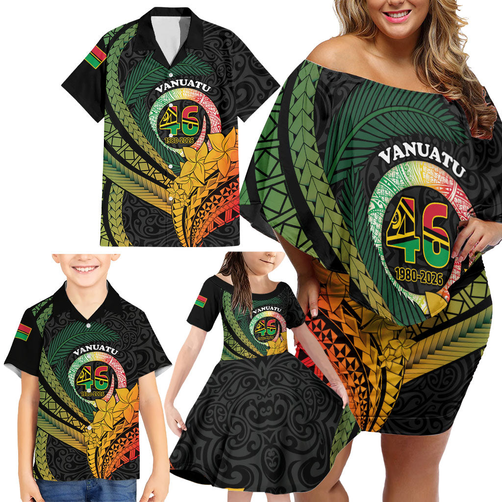 Personalised Vanuatu Independence Day Family Matching Off Shoulder Short Dress and Hawaiian Shirt July 30 Pig Tusk Long God Yumi Stanap LT14 - Polynesian Pride