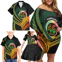 Personalised Vanuatu Independence Day Family Matching Off Shoulder Short Dress and Hawaiian Shirt July 30 Pig Tusk Long God Yumi Stanap LT14 - Polynesian Pride
