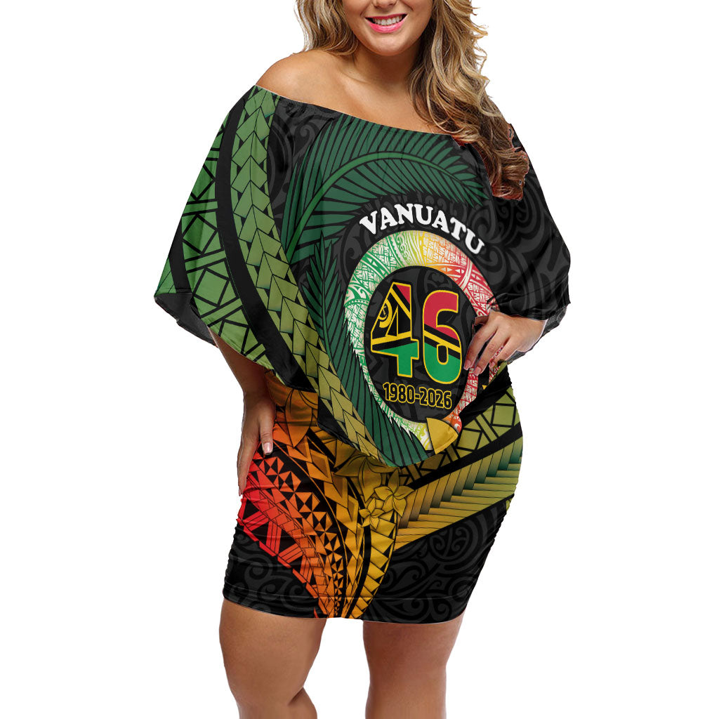 Personalised Vanuatu Independence Day Family Matching Off Shoulder Short Dress and Hawaiian Shirt July 30 Pig Tusk Long God Yumi Stanap LT14 Mom's Dress Black - Polynesian Pride