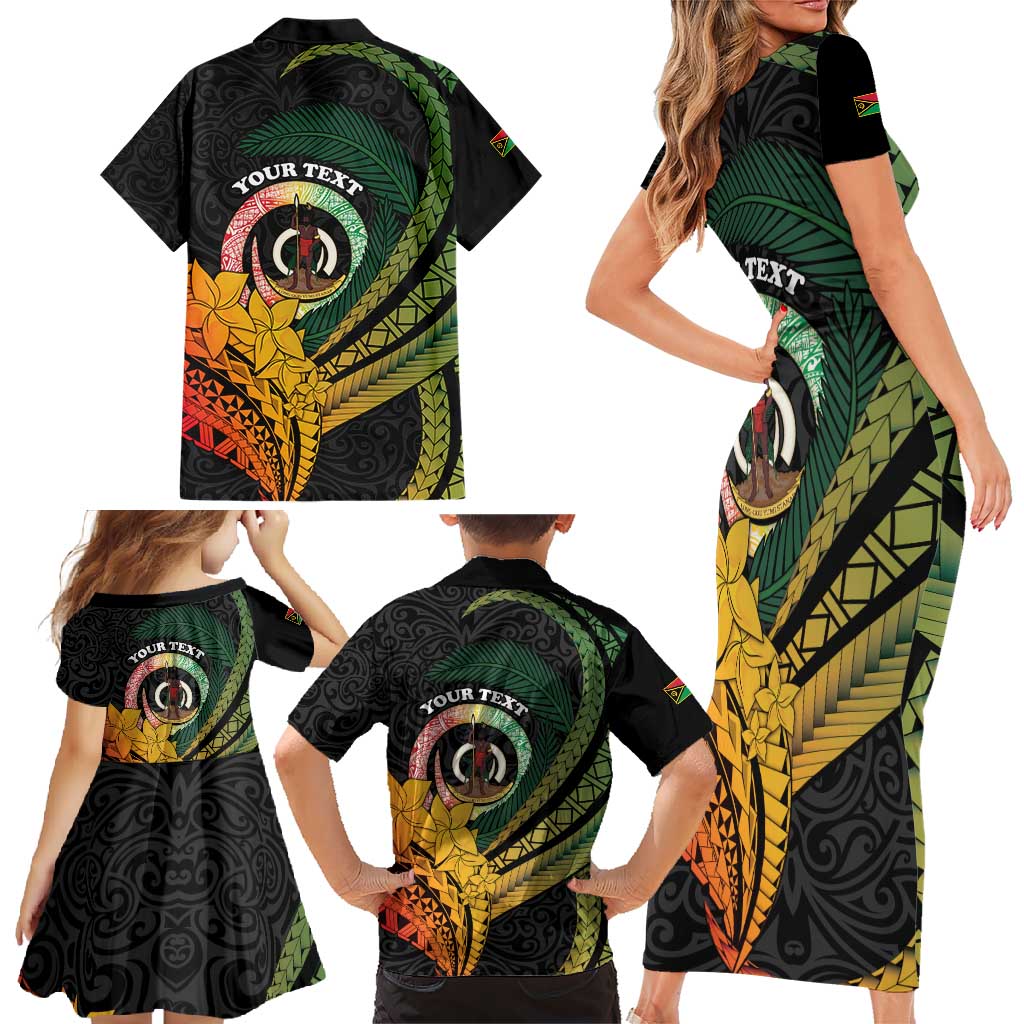 Personalised Vanuatu Independence Day Family Matching Short Sleeve Bodycon Dress and Hawaiian Shirt July 30 Pig Tusk Long God Yumi Stanap