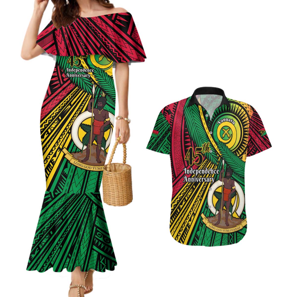 Halo Vanuatu Couples Matching Mermaid Dress and Hawaiian Shirt Happy 45th Independence Anniversary