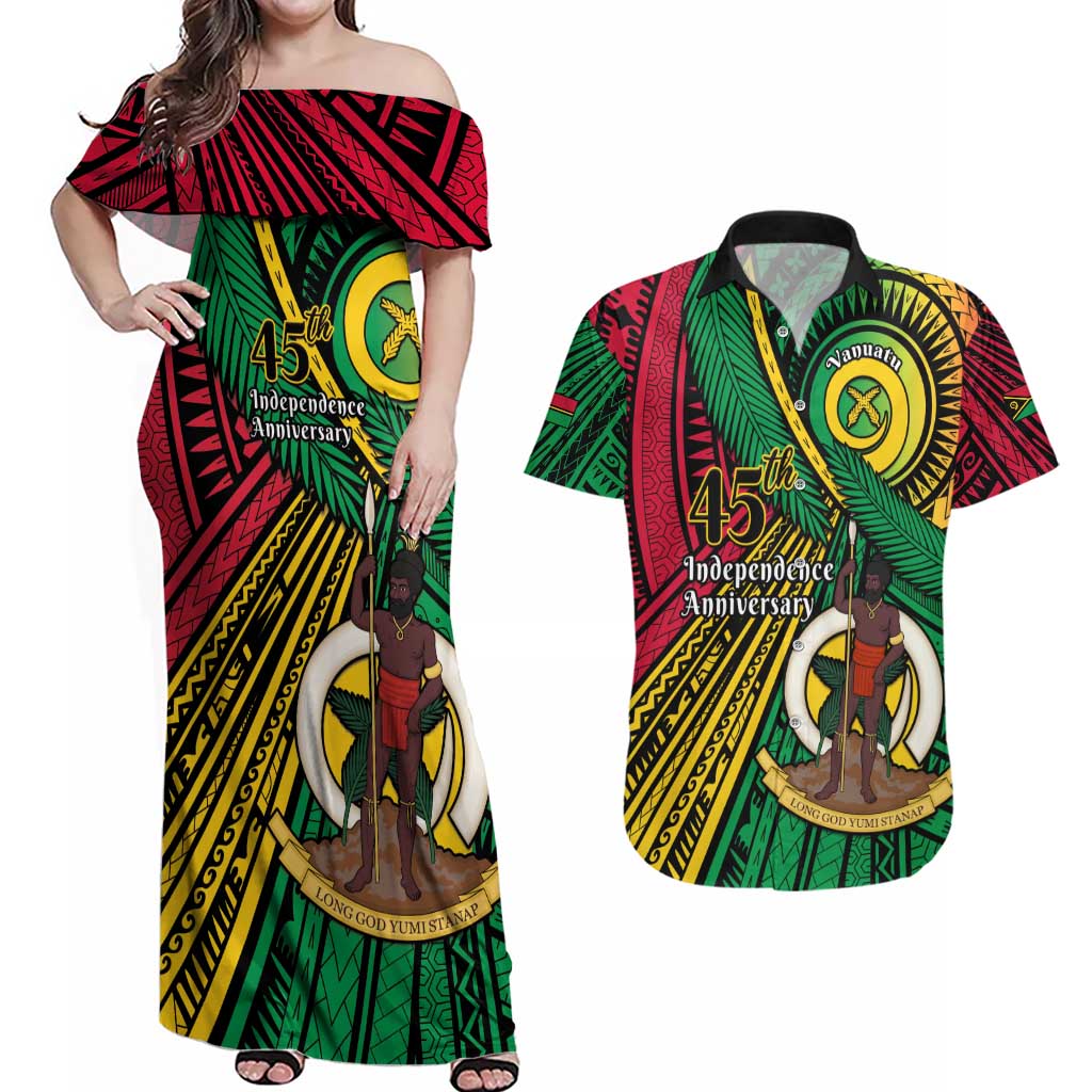Halo Vanuatu Couples Matching Off Shoulder Maxi Dress and Hawaiian Shirt Happy 45th Independence Anniversary