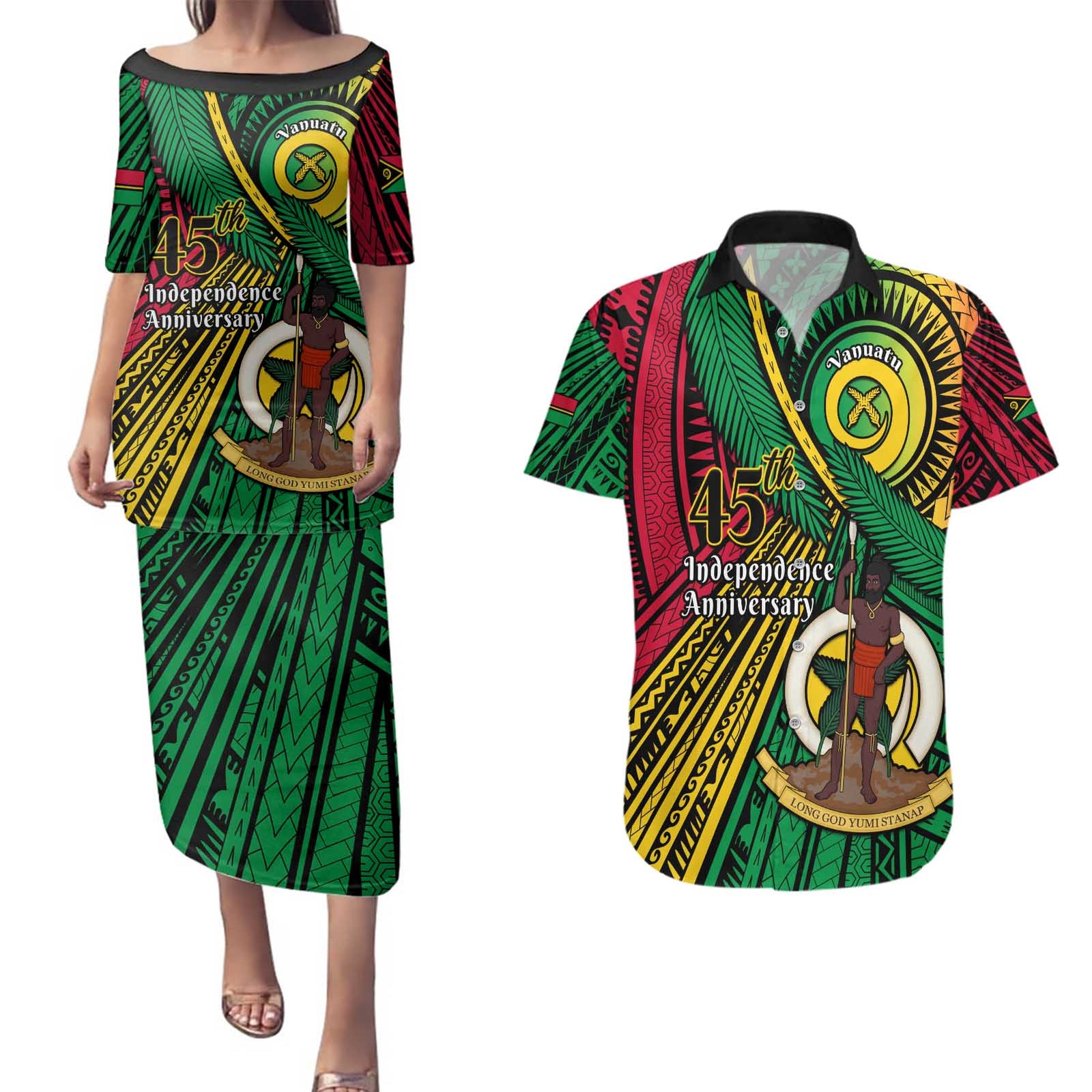 Halo Vanuatu Couples Matching Puletasi and Hawaiian Shirt Happy 45th Independence Anniversary
