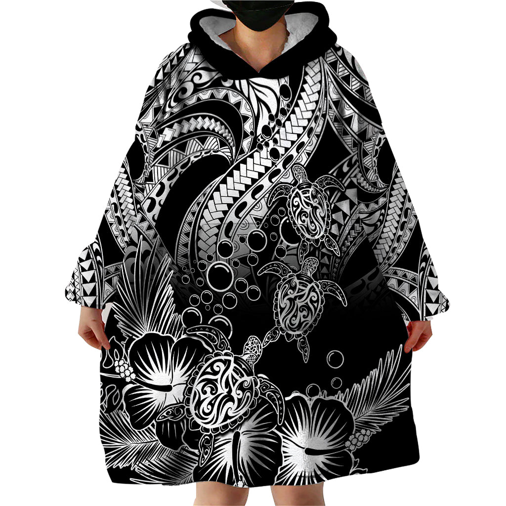 Personalised Polynesian Wearable Blanket Hoodie Tribal Honu Turtle with Hibiscus White Version LT14 - Polynesian Pride