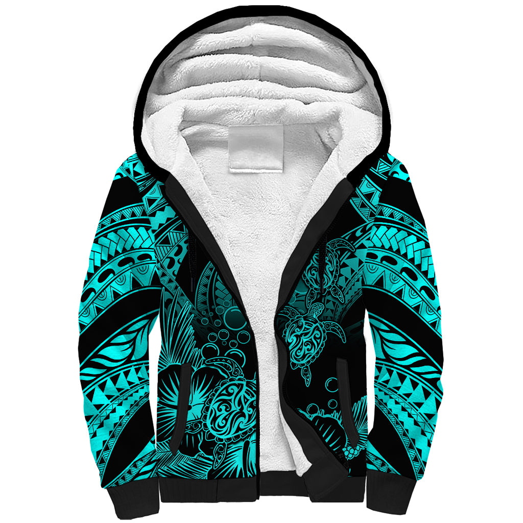 Personalised Polynesian Sherpa Hoodie Tribal Honu Turtle with Hibiscus Turquoise Version LT14 Unisex Turquoise - Polynesian Pride