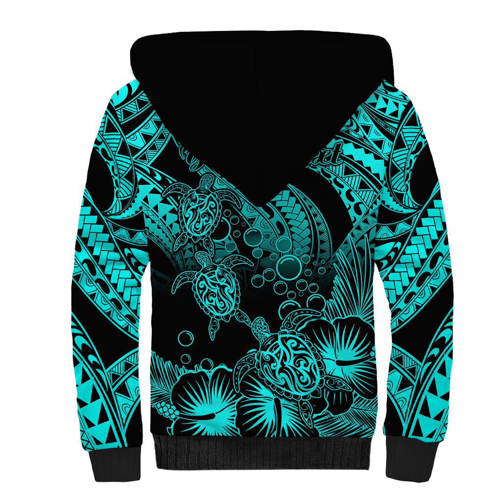 Personalised Polynesian Sherpa Hoodie Tribal Honu Turtle with Hibiscus Turquoise Version LT14 - Polynesian Pride