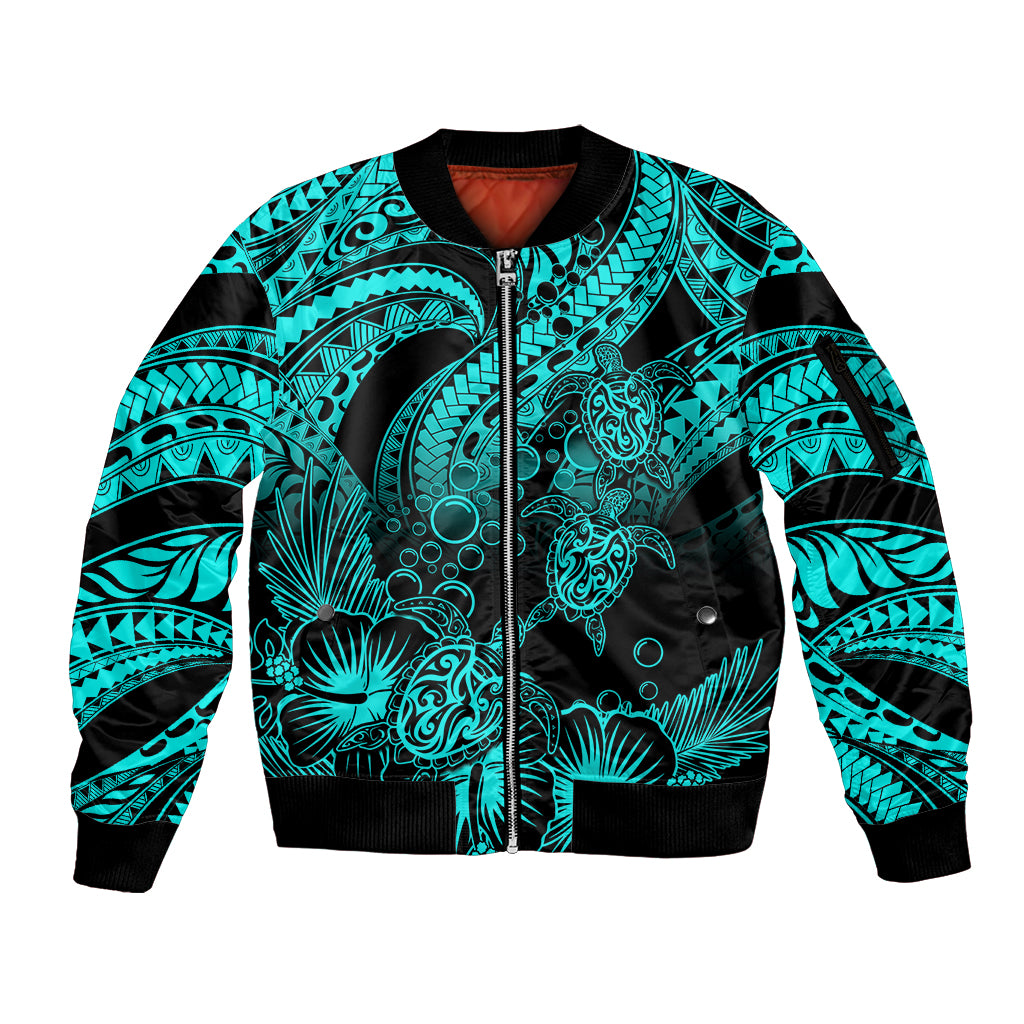 Personalised Polynesian Sleeve Zip Bomber Jacket Tribal Honu Turtle with Hibiscus Turquoise Version LT14 Unisex Turquoise - Polynesian Pride