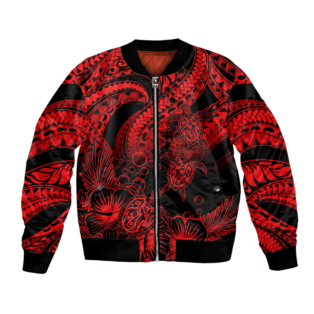 Personalised Polynesian Bomber Jacket Tribal Honu Turtle with Hibiscus Red Version LT14 Unisex Red - Polynesian Pride