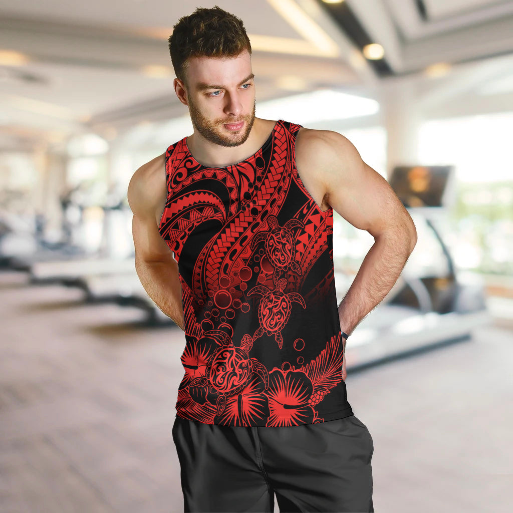 Personalised Polynesian Men Tank Top Tribal Honu Turtle with Hibiscus Red Version LT14 - Polynesian Pride