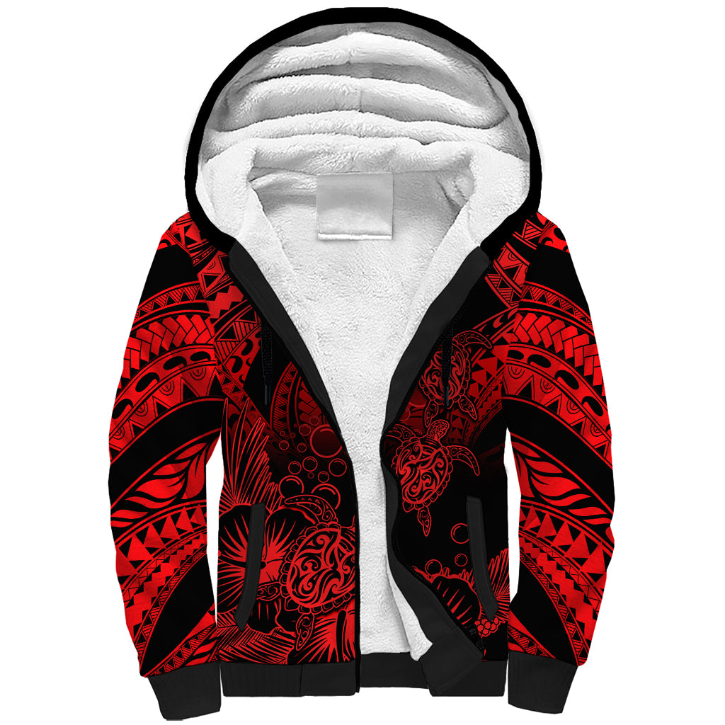 Personalised Polynesian Sherpa Hoodie Tribal Honu Turtle with Hibiscus Red Version LT14 Unisex Red - Polynesian Pride