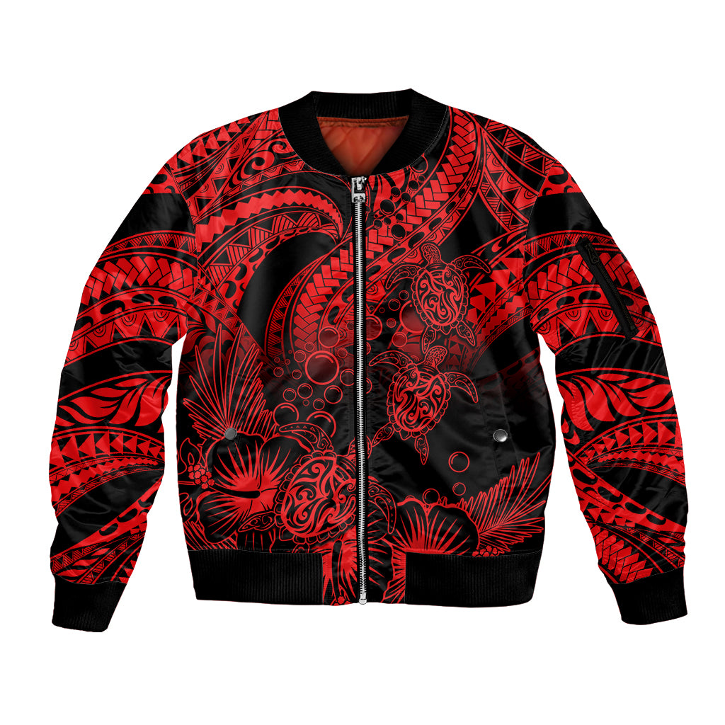 Personalised Polynesian Sleeve Zip Bomber Jacket Tribal Honu Turtle with Hibiscus Red Version LT14 Unisex Red - Polynesian Pride