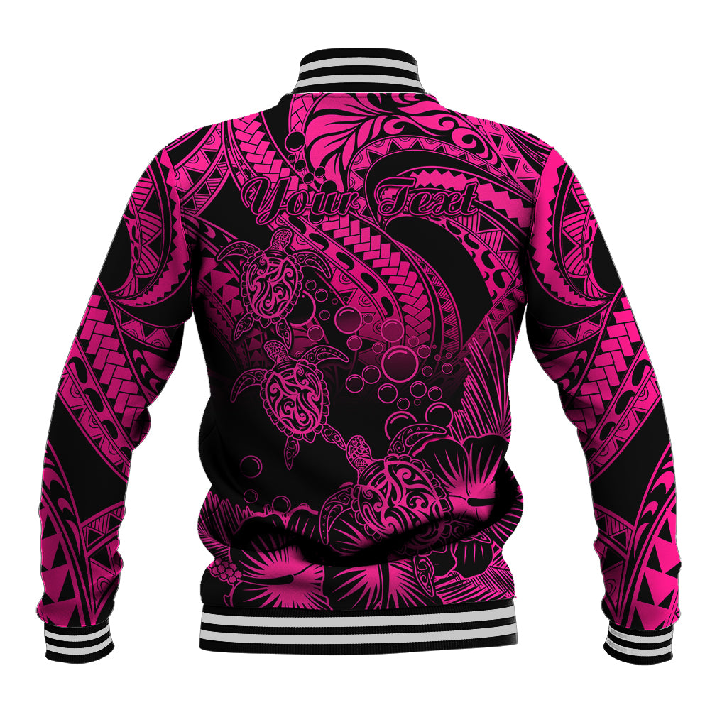 Personalised Polynesian Baseball Jacket Tribal Honu Turtle with Hibiscus Pink Version LT14 - Polynesian Pride
