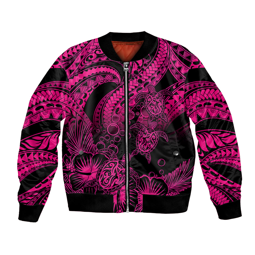 Personalised Polynesian Bomber Jacket Tribal Honu Turtle with Hibiscus Pink Version LT14 Unisex Pink - Polynesian Pride