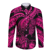 Personalised Polynesian Long Sleeve Button Shirt Tribal Honu Turtle with Hibiscus Pink Version LT14 Unisex Pink - Polynesian Pride