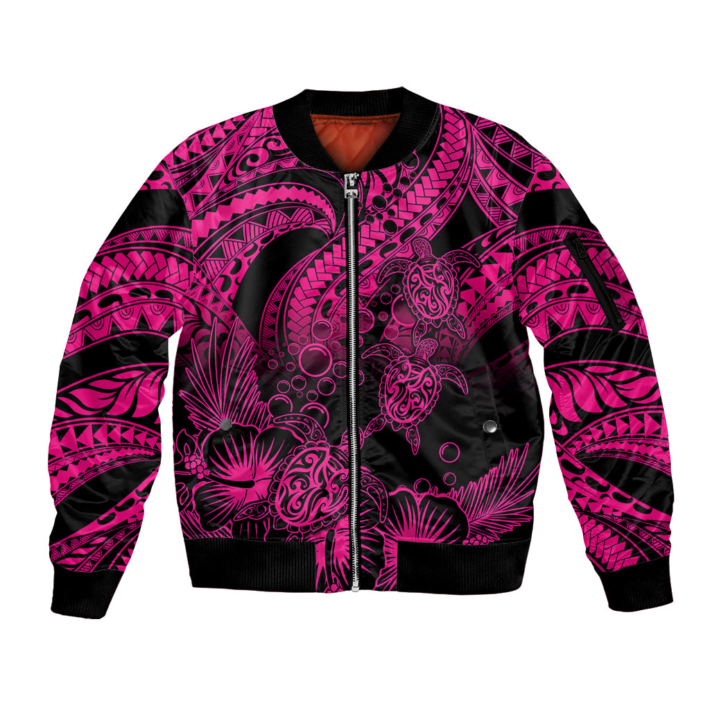 Personalised Polynesian Sleeve Zip Bomber Jacket Tribal Honu Turtle with Hibiscus Pink Version LT14 Unisex Pink - Polynesian Pride