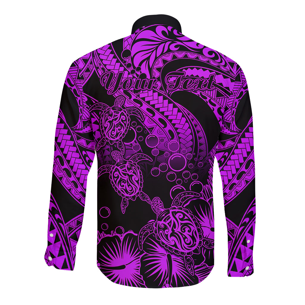 Personalised Polynesian Long Sleeve Button Shirt Tribal Honu Turtle with Hibiscus Purple Version LT14 - Polynesian Pride