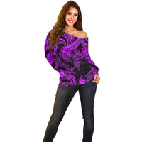 Personalised Polynesian Off Shoulder Sweater Tribal Honu Turtle with Hibiscus Purple Version LT14 - Polynesian Pride