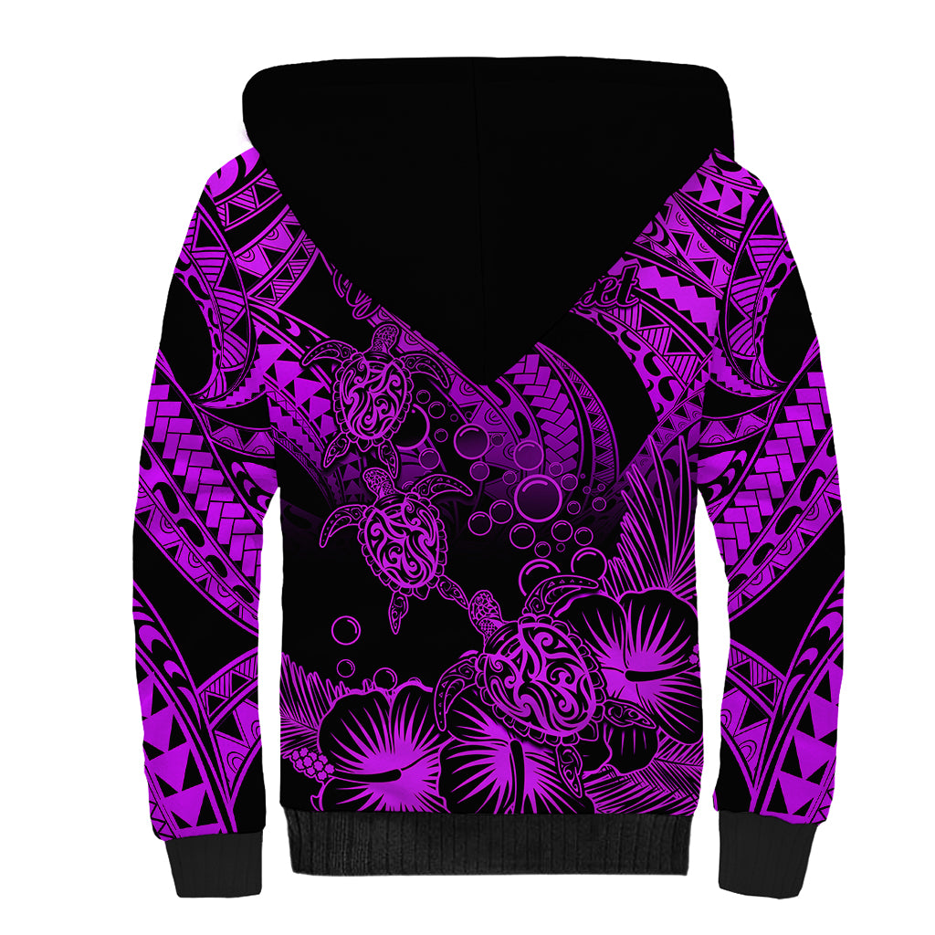 Personalised Polynesian Sherpa Hoodie Tribal Honu Turtle with Hibiscus Purple Version LT14 - Polynesian Pride