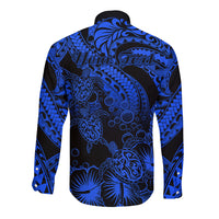 Personalised Polynesian Long Sleeve Button Shirt Tribal Honu Turtle with Hibiscus Blue Version LT14 - Polynesian Pride