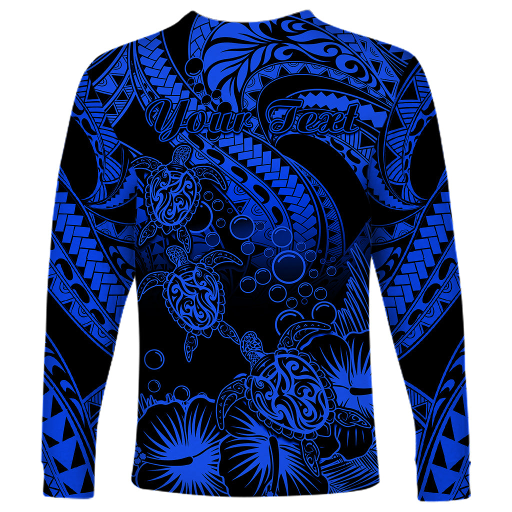 Personalised Polynesian Long Sleeve Shirt Tribal Honu Turtle with Hibiscus Blue Version LT14 - Polynesian Pride