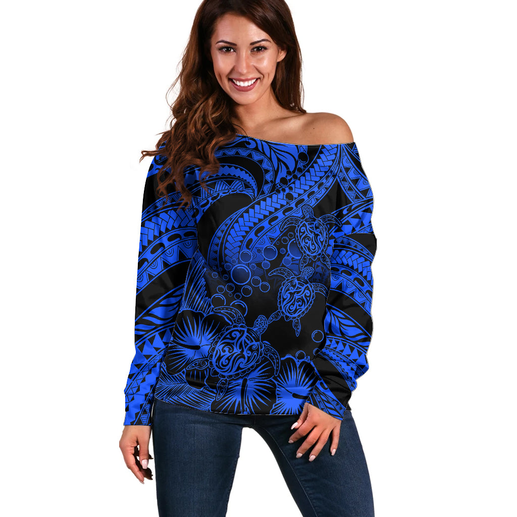 Personalised Polynesian Off Shoulder Sweater Tribal Honu Turtle with Hibiscus Blue Version LT14 Women Blue - Polynesian Pride