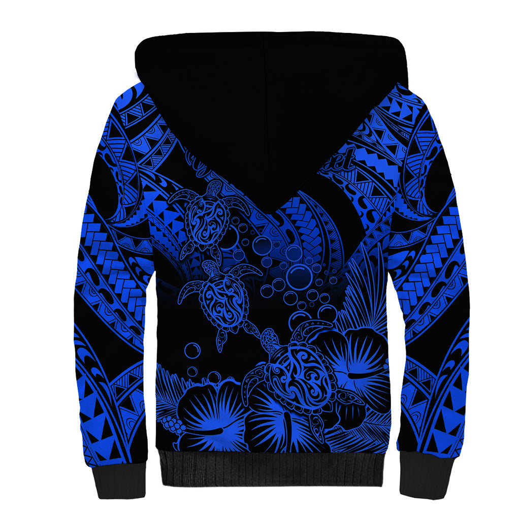 Personalised Polynesian Sherpa Hoodie Tribal Honu Turtle with Hibiscus Blue Version LT14 - Polynesian Pride