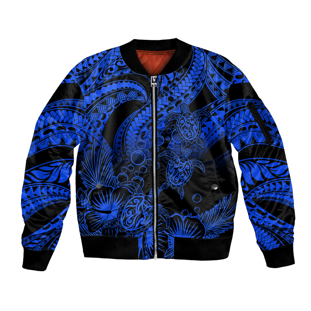 Personalised Polynesian Sleeve Zip Bomber Jacket Tribal Honu Turtle with Hibiscus Blue Version LT14 Unisex Blue - Polynesian Pride