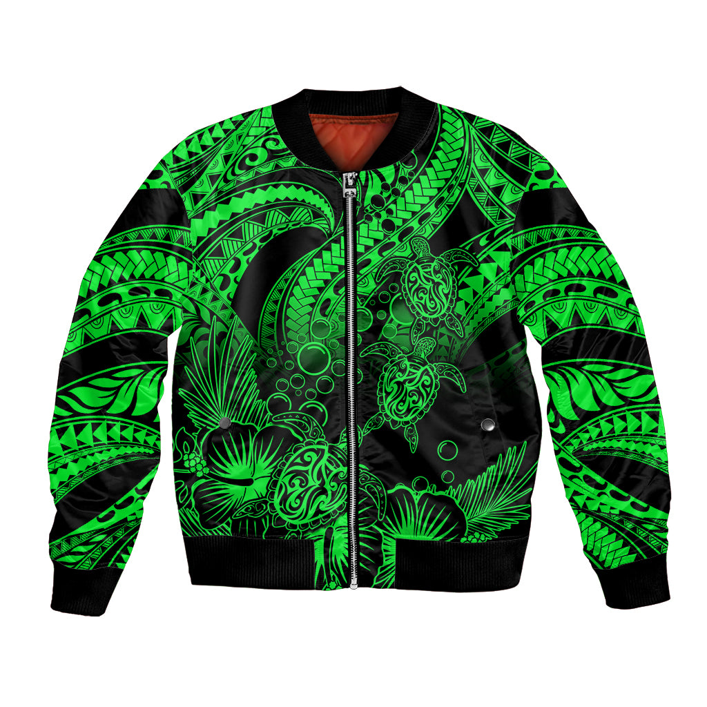 Personalised Polynesian Bomber Jacket Tribal Honu Turtle with Hibiscus Green Version LT14 Unisex Green - Polynesian Pride