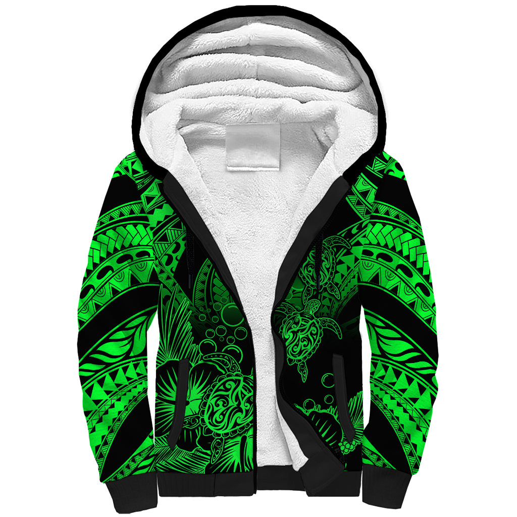 Personalised Polynesian Sherpa Hoodie Tribal Honu Turtle with Hibiscus Green Version LT14 Unisex Green - Polynesian Pride