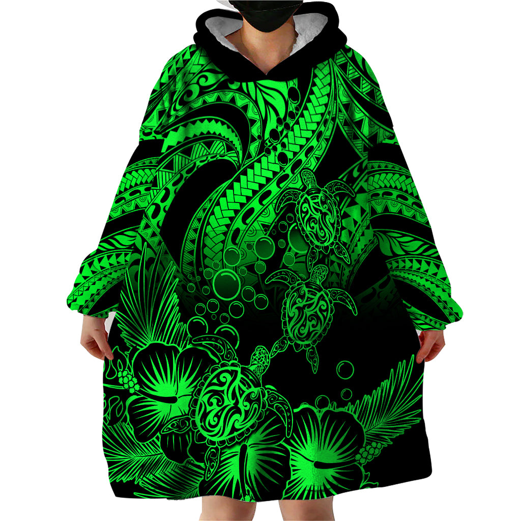 Personalised Polynesian Wearable Blanket Hoodie Tribal Honu Turtle with Hibiscus Green Version LT14 - Polynesian Pride