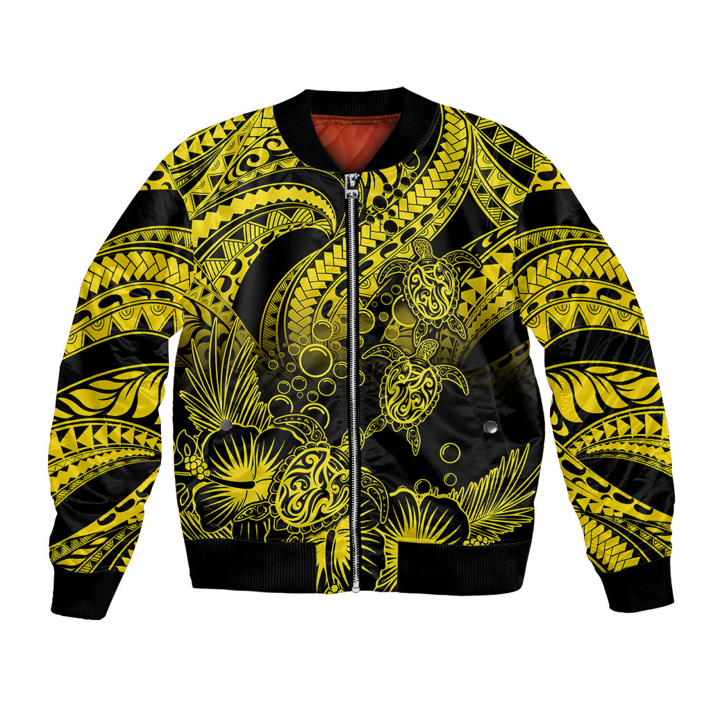 Personalised Polynesian Bomber Jacket Tribal Honu Turtle with Hibiscus Gold Version LT14 Unisex Gold - Polynesian Pride