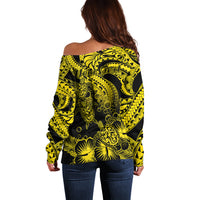 Personalised Polynesian Off Shoulder Sweater Tribal Honu Turtle with Hibiscus Gold Version LT14 - Polynesian Pride