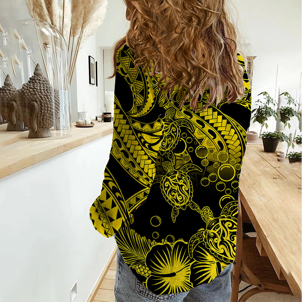 Personalised Polynesian Women Casual Shirt Tribal Honu Turtle with Hibiscus Gold Version LT14 - Polynesian Pride