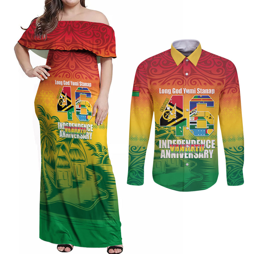 Vanuatu Indipendens Dei Couples Matching Off Shoulder Maxi Dress and Long Sleeve Button Shirt Yumi 46th Independence Anniversary LT14 Reggae - Polynesian Pride
