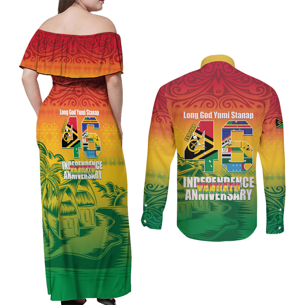 Vanuatu Indipendens Dei Couples Matching Off Shoulder Maxi Dress and Long Sleeve Button Shirt Yumi 46th Independence Anniversary LT14 - Polynesian Pride