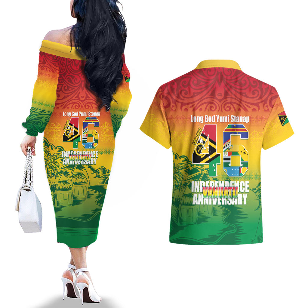 Vanuatu Indipendens Dei Couples Matching Off The Shoulder Long Sleeve Dress and Hawaiian Shirt Yumi 46th Independence Anniversary